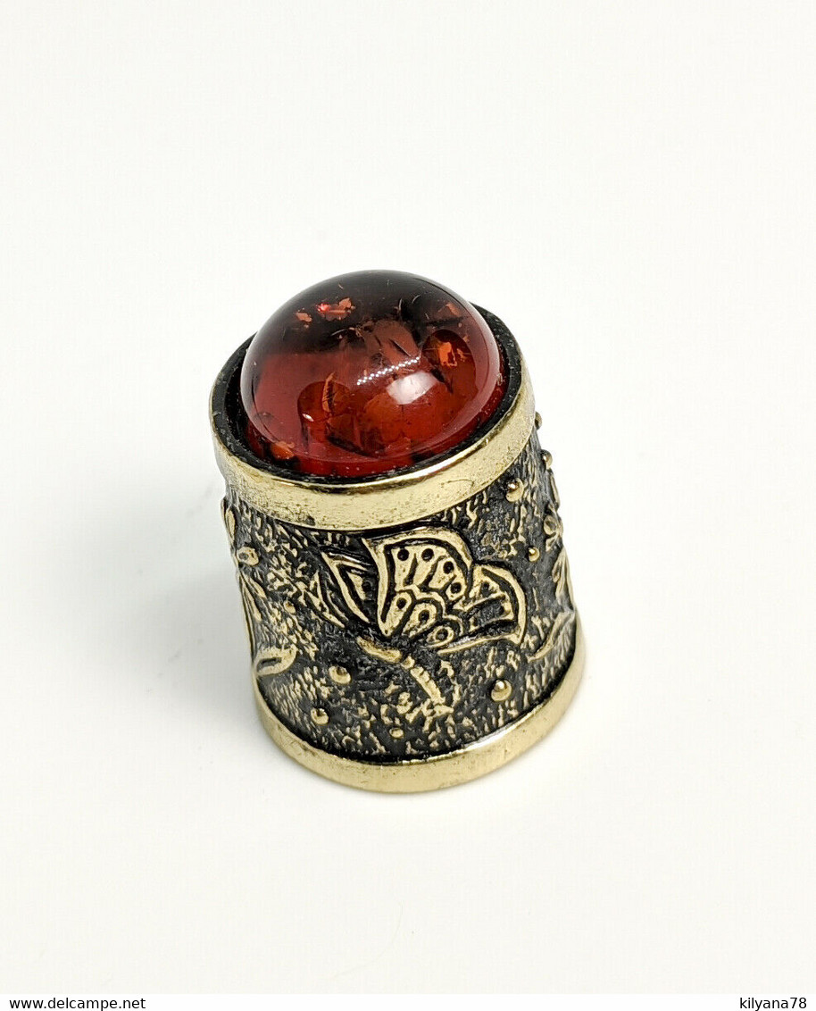 Thimble BUTTERFLY n DRAGONFLY w/ BALTIC AMBER Solid Brass Metal Russian Souvenir