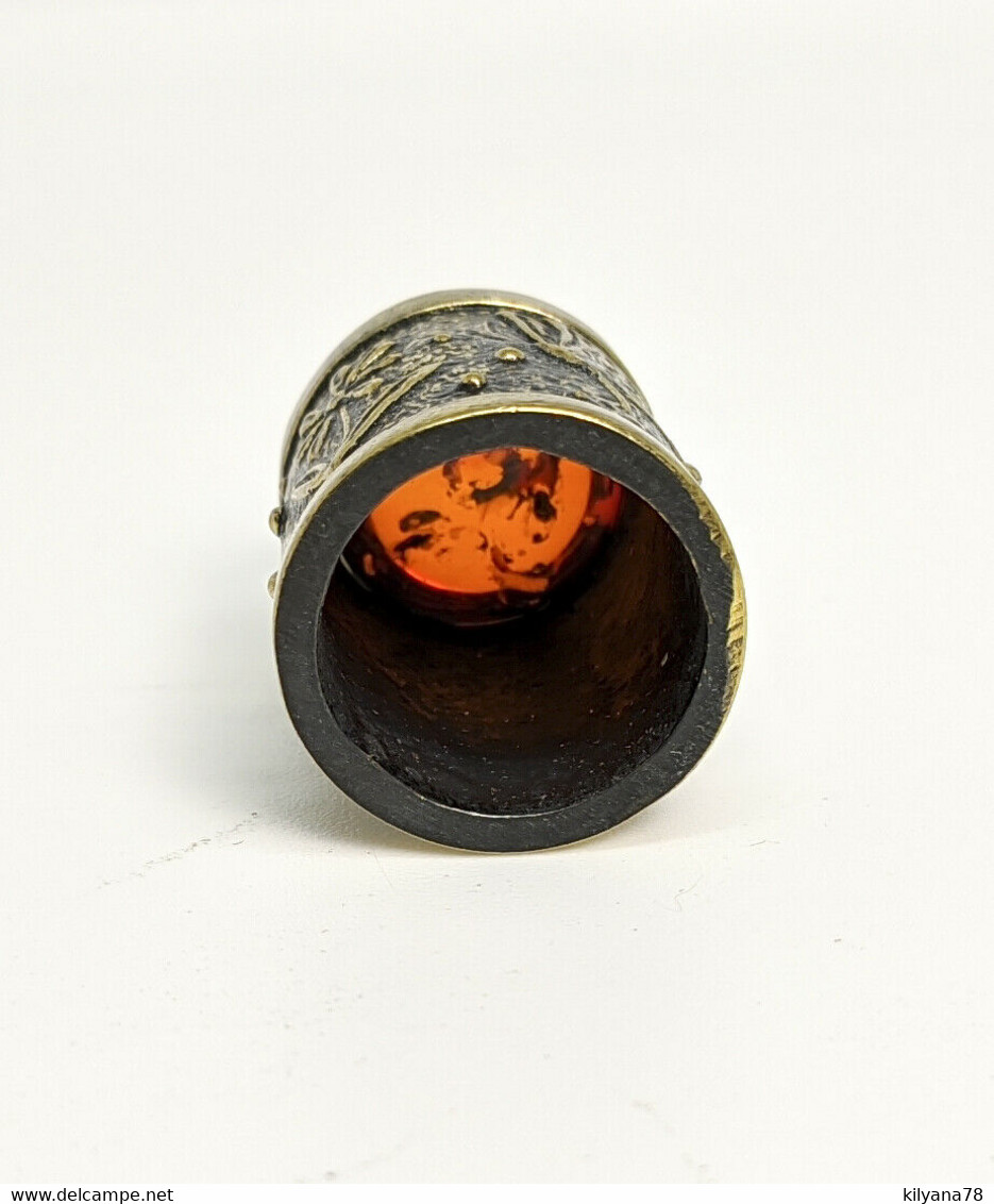 Thimble BUTTERFLY n DRAGONFLY w/ BALTIC AMBER Solid Brass Metal Russian Souvenir