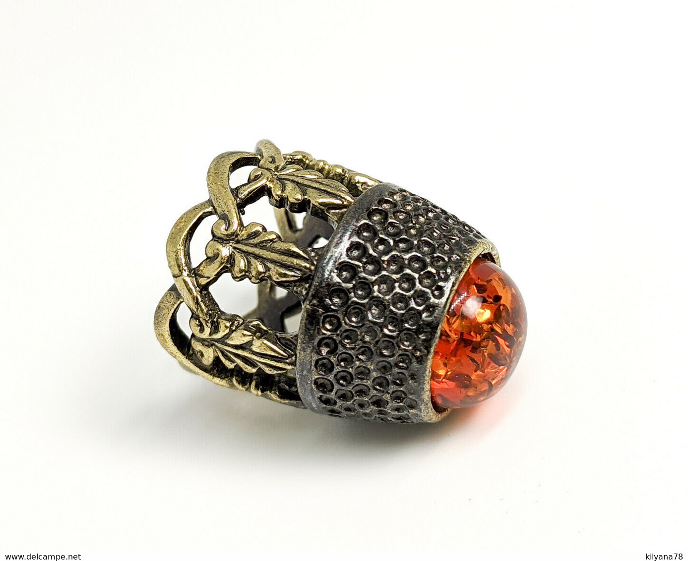 Thimble OPENWORK FLORAL W/ Amber Two Tone Solid Brass Metal Russian Collectible - Dés à Coudre