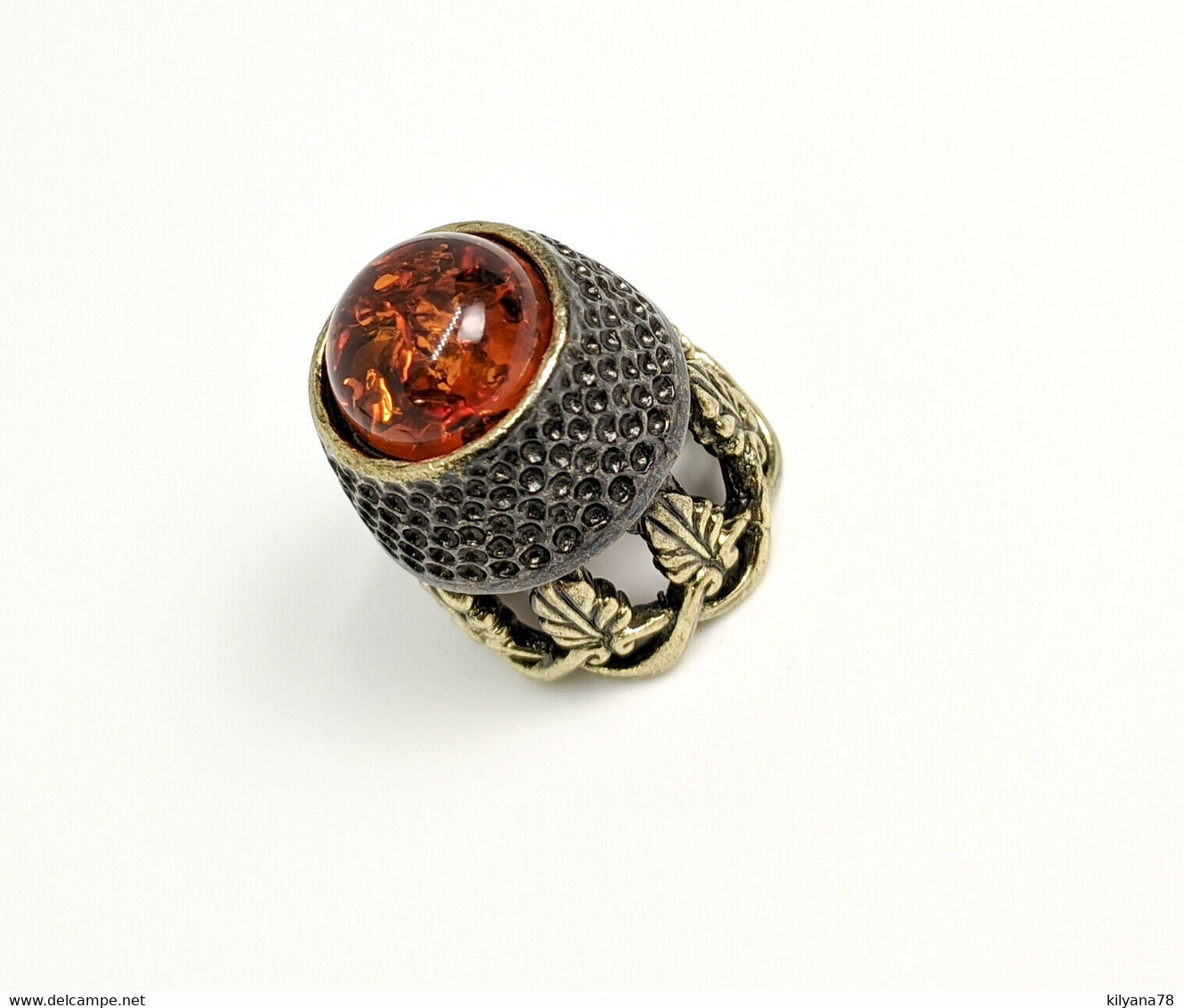 Thimble OPENWORK FLORAL W/ Amber Two Tone Solid Brass Metal Russian Collectible - Dés à Coudre