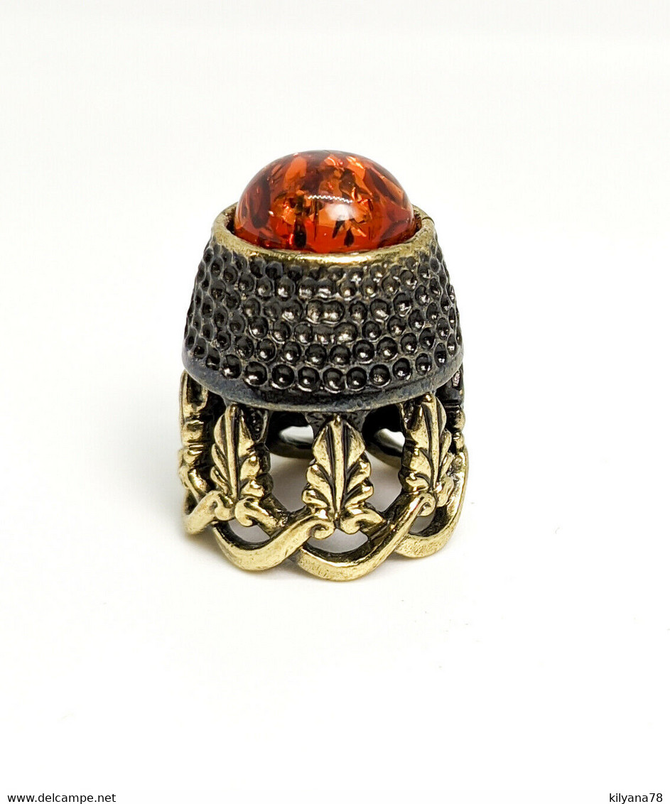 Thimble OPENWORK FLORAL w/ Amber Two Tone Solid Brass Metal Russian Collectible