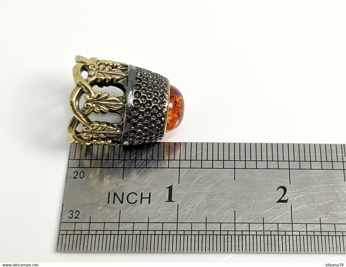 Thimble OPENWORK FLORAL w/ Amber Two Tone Solid Brass Metal Russian Collectible