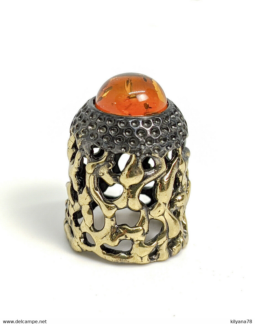 Thimble OPENWORK ART W/ Amber Two Tone Solid Brass Metal Russian Collectible - Dés à Coudre