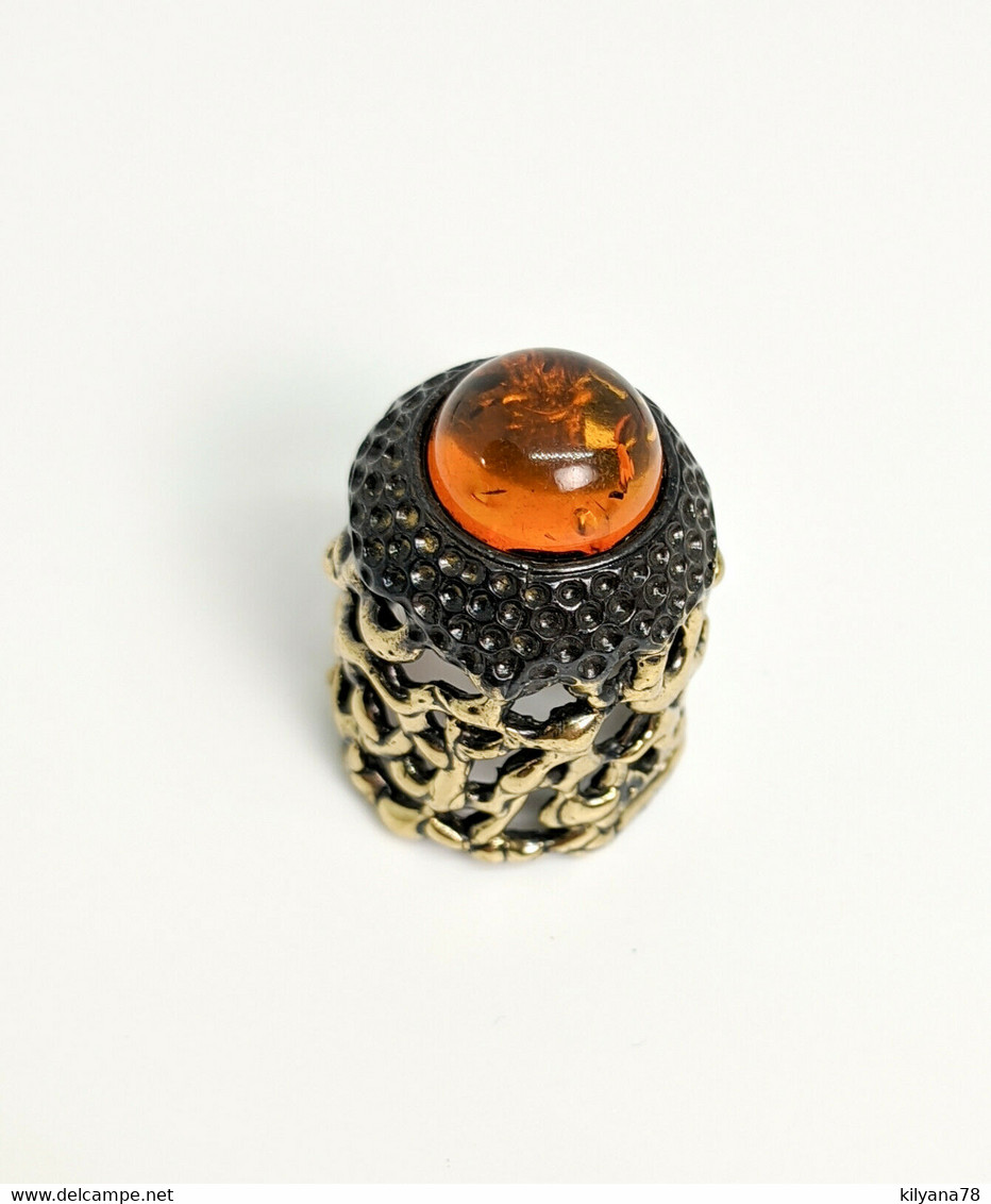 Thimble OPENWORK ART w/ Amber Two Tone Solid Brass Metal Russian Collectible