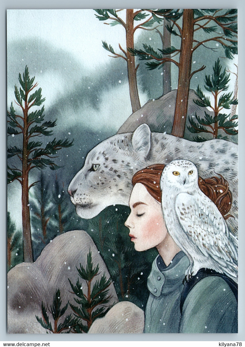 YOUNG GIRL With OWL N SNOW LEOPARD In Forest Three Russian Fantasy Postcard - Andere & Zonder Classificatie