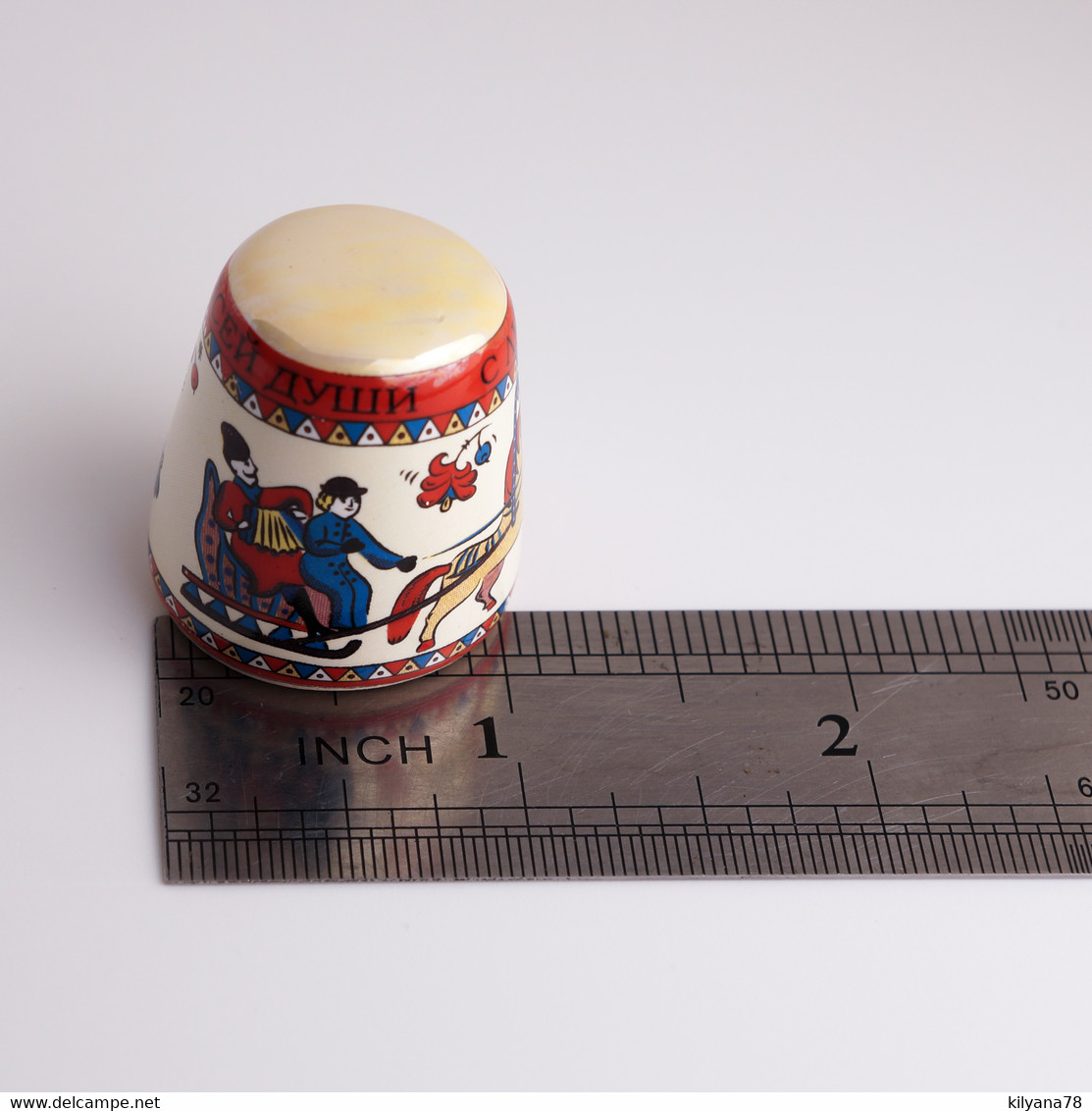 Thimble PEOPLE on Horse Carriage Russian Style Blue Solid Porcelain Ethnic