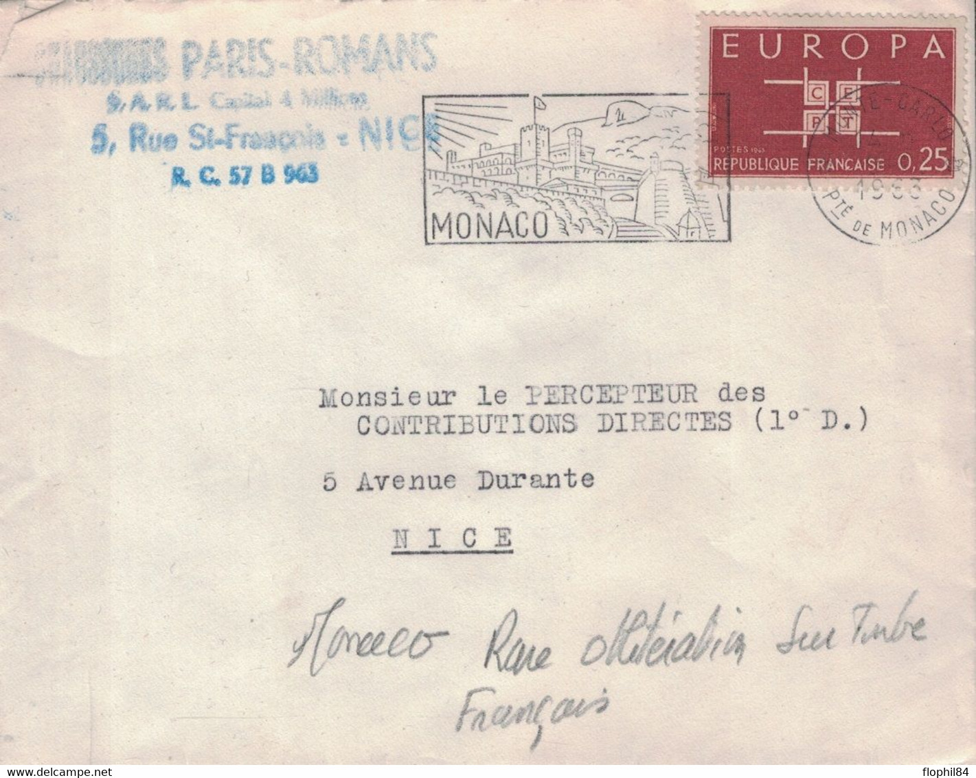 MONACO - TIMBRE DE FRANCE EUROPA 0.25C - ANNULATION FLAMME DE MONACO - 14-2-1963 - PEU COURANT. - Lettres & Documents