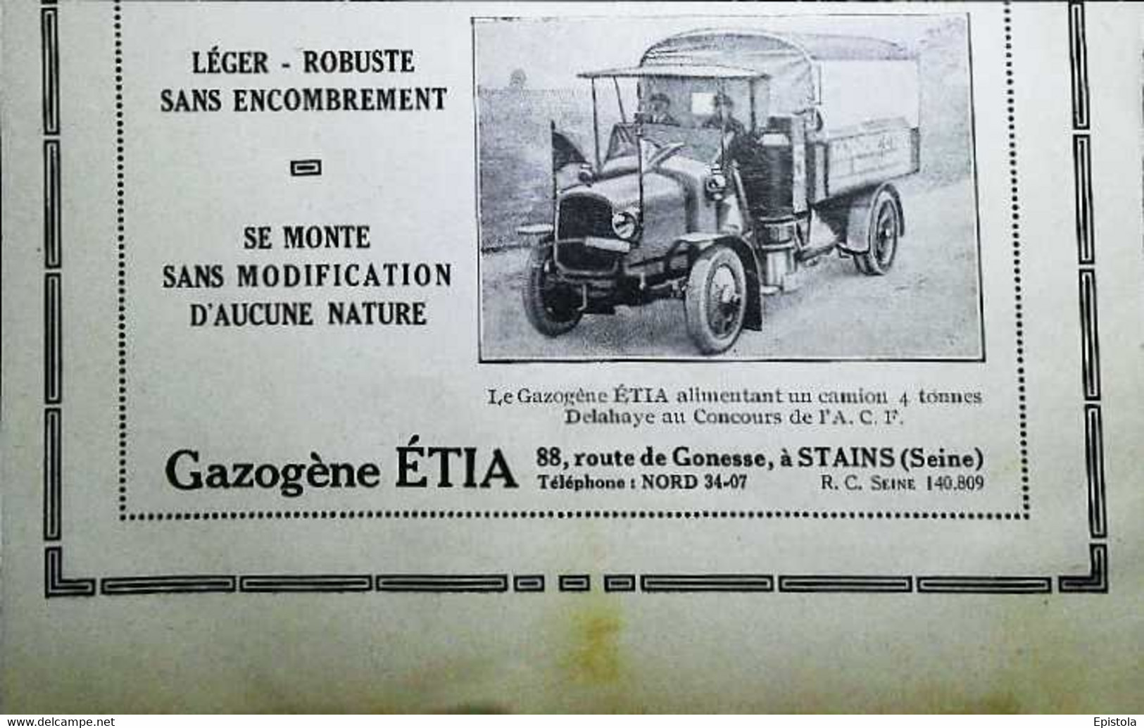 ► 1924 -  Camion Fourgon DELAHAYE  Gazogène Etia (Coupure  De Presse Encart Photo) - Documentos Históricos
