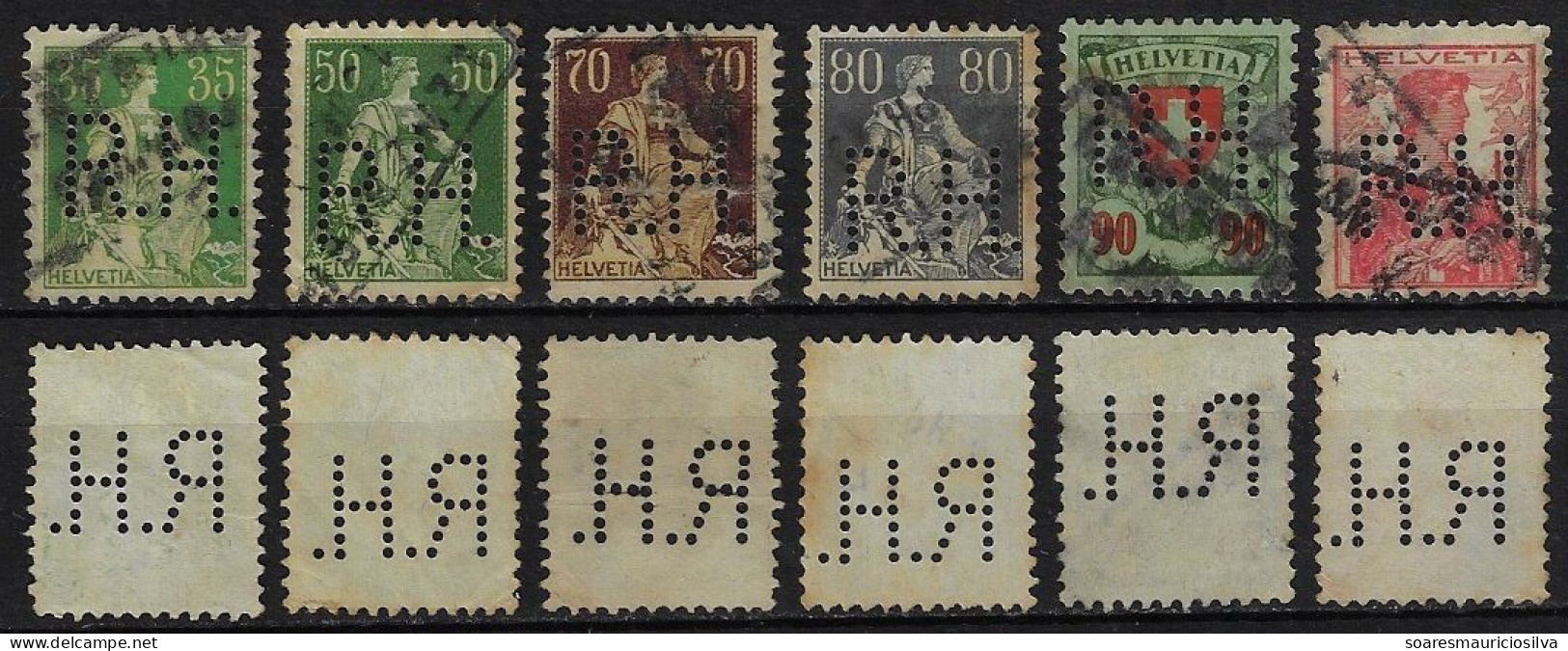 Switzerland 1908/1925 6 Stamp Perfin R.H. By Roth & Henkel (Hero AG) + Rud. Hirt & Sohne From Lenzburg Lochung Perfore - Perfins