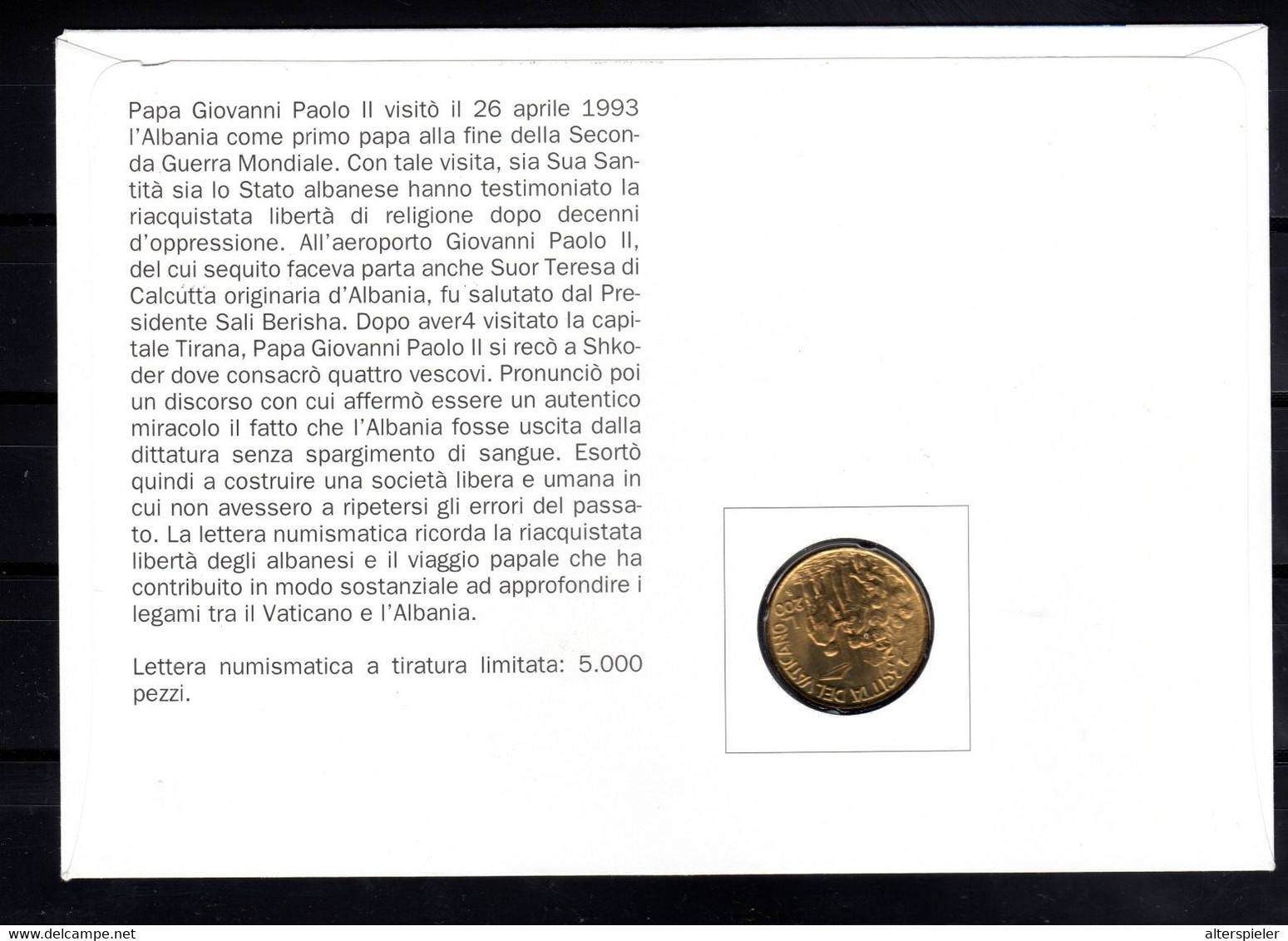 Vatikan Numisbrief 1995 Papstreise Albanien Albania - Briefe U. Dokumente