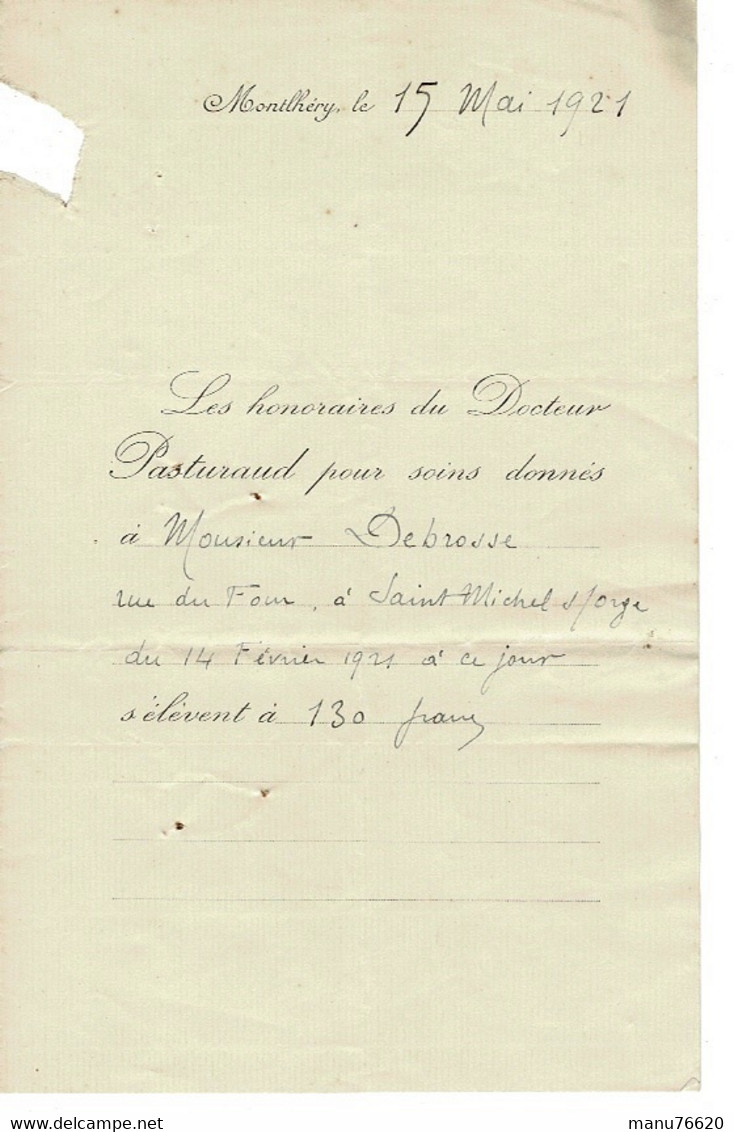 COURRIER- LETTRE : Honoraires Docteur PASTURAUD à MONTLHERY - Seine & Oise . - 1900 – 1949