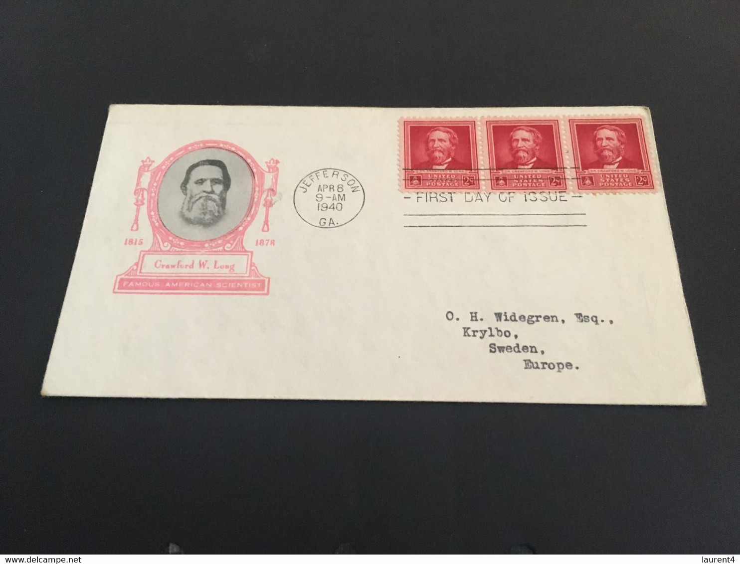 (4 C 34) USA FDC Cover - Premier Jour - 1940 - Crawford W. Long (posted To Sweden) - 1851-1940