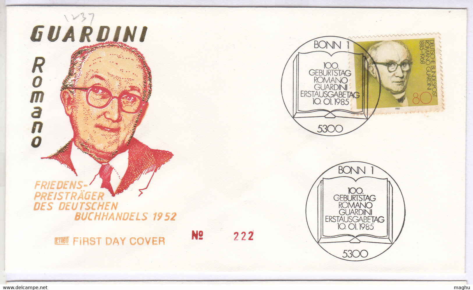 Germany  Deutschland  FDC 1985, Roman Guardini (Theologist) Theologian, Cond., Marginal Stains - Théologiens