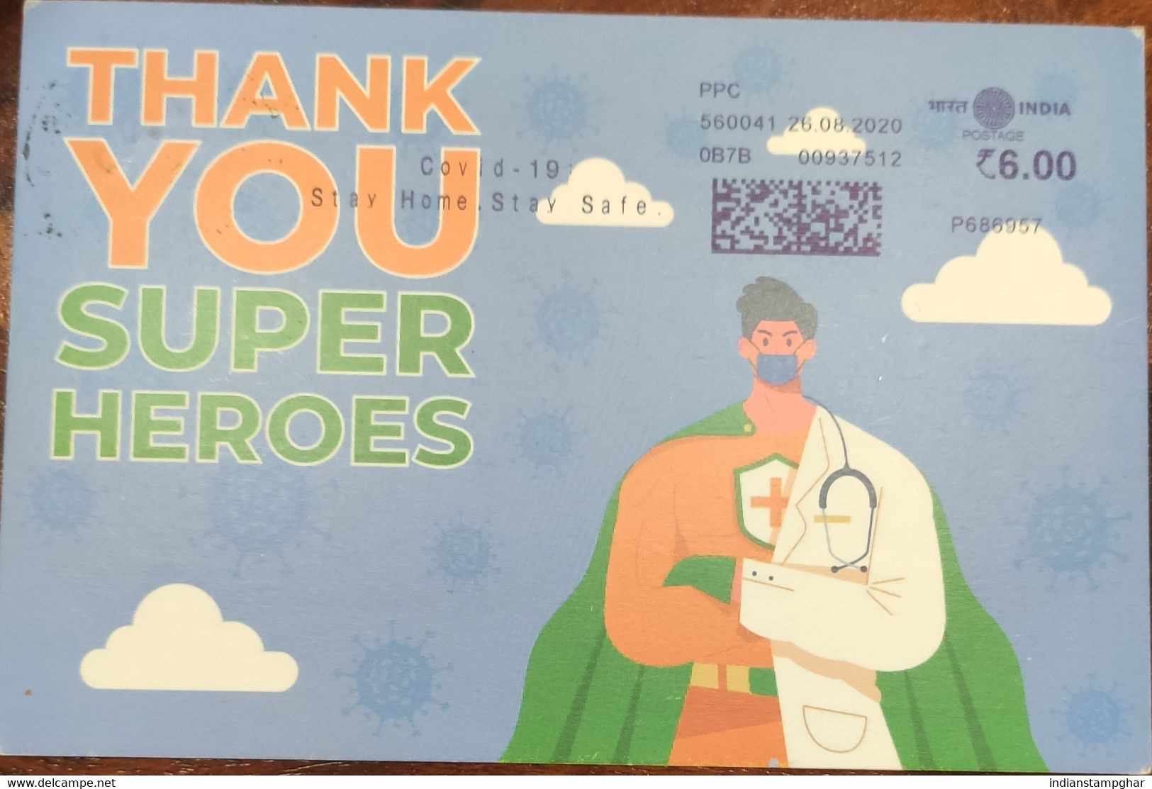 Thank You Super Heroes, PPC,Card,Corona,"Covid 19 Stay Home Stay Safe" Meter Franking Cancellation,Dly Postmark - Maladies