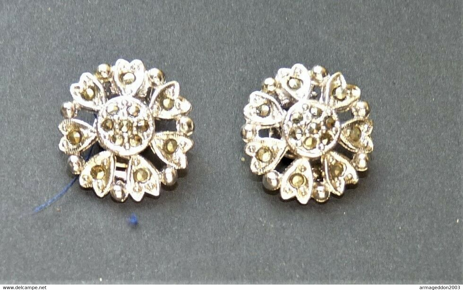 ANCIENNE PAIRE DE BOUCLE D'OREILLE A CLIPS REAL MARCASITE RHODIUM PLATED ENGLAND - Boucles D'oreilles