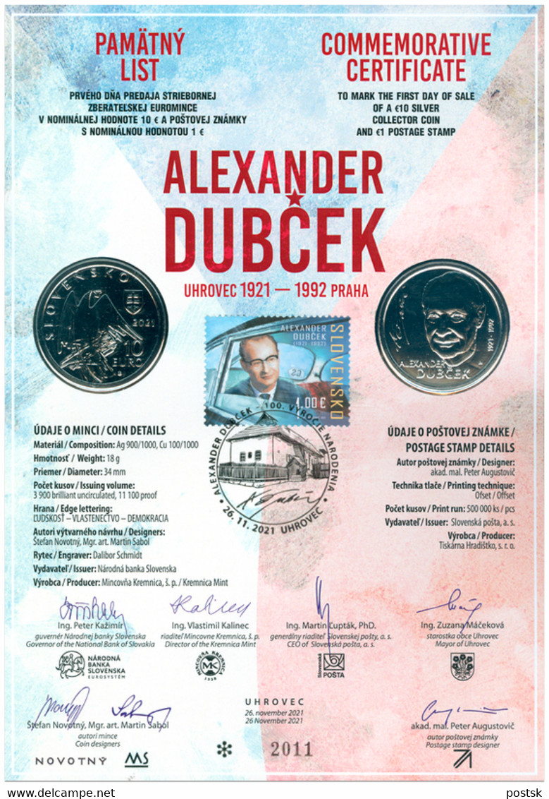 2021 SLOVAKIA Slowakei Numisblatt Numismatic Sheet Dubcek Alexander 100 Years Numis - Briefe U. Dokumente