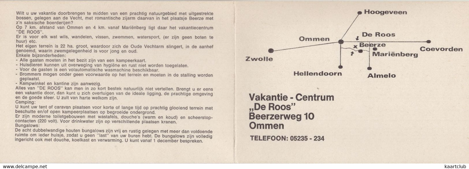 Beerze - Vakantie Centrum 'De Roos', Beerzerweg 10, Ommen - (Overijssel, Nederland/Holland) -  ( 2x 15 Cm X 10.5 Cm) - Ommen