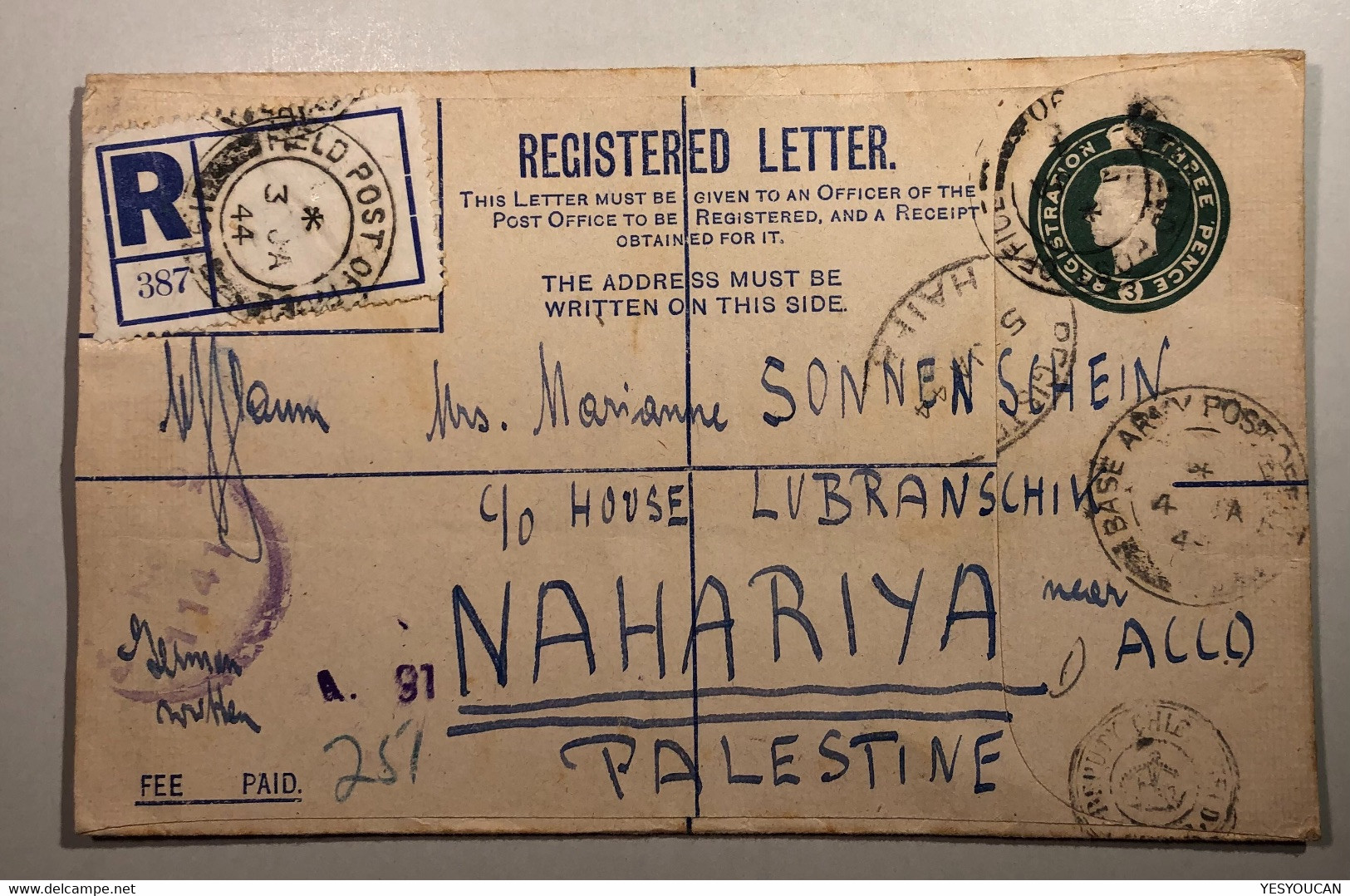 Palestine “FPO 190 1944”GB Registered Postal Stationery Cover KGVI 3d> Nahariya (Israel Censored Field Post Office Haifa - Palästina