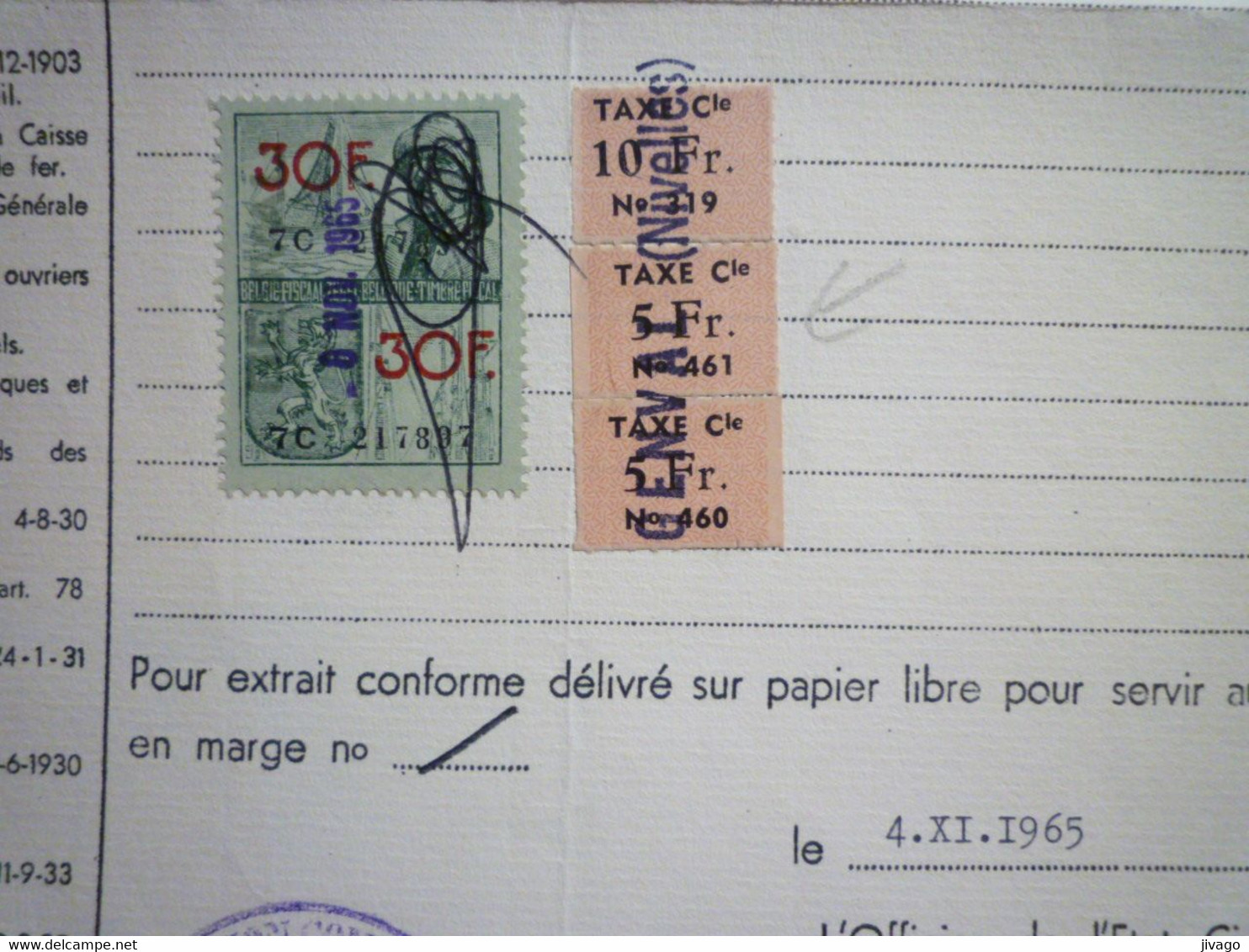 2021 - 4155  TIMBRES FISCAUX Sur EXTRAIT D'ACTE DE NAISSANCE  1965  XXX - Documenti