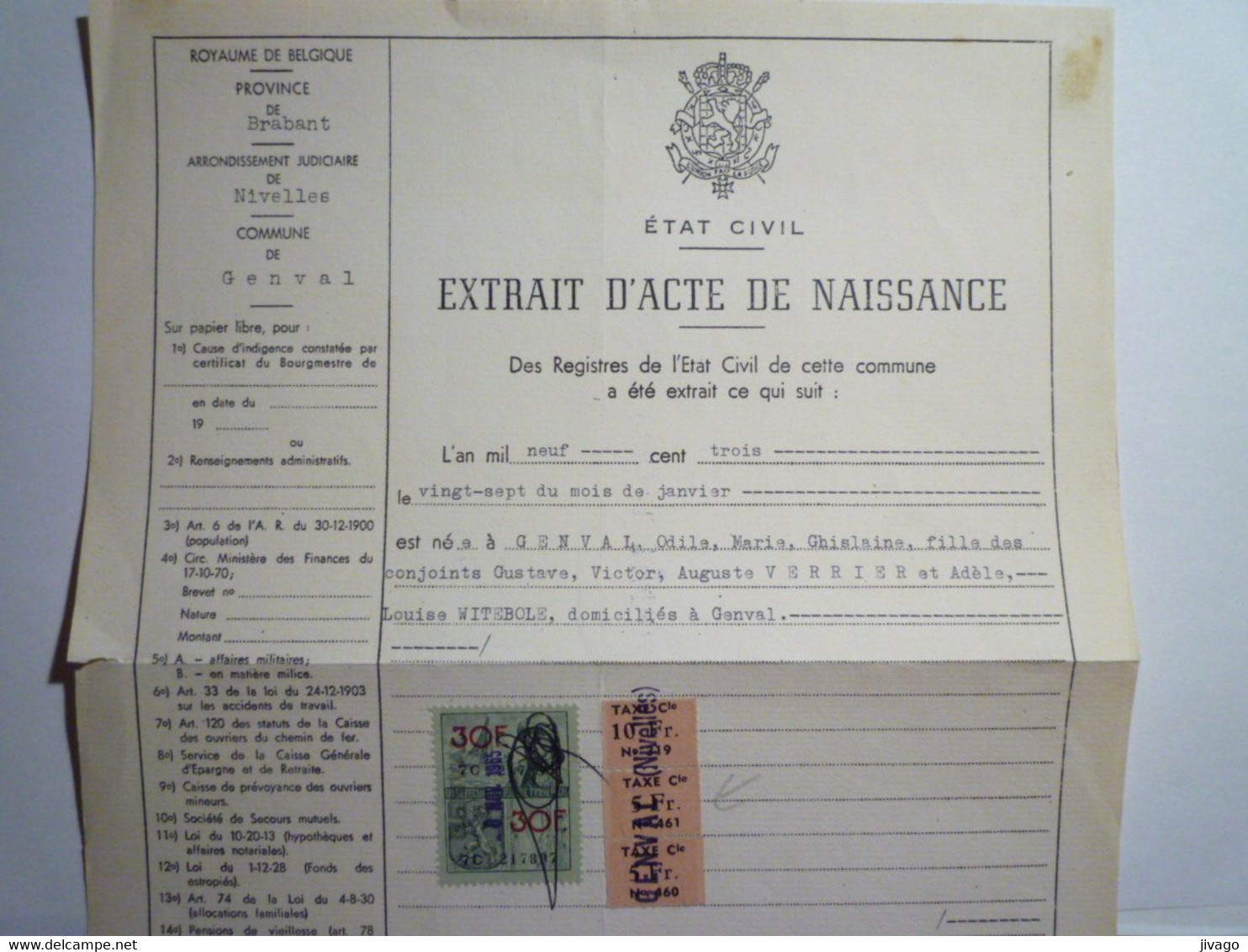 2021 - 4155  TIMBRES FISCAUX Sur EXTRAIT D'ACTE DE NAISSANCE  1965  XXX - Dokumente