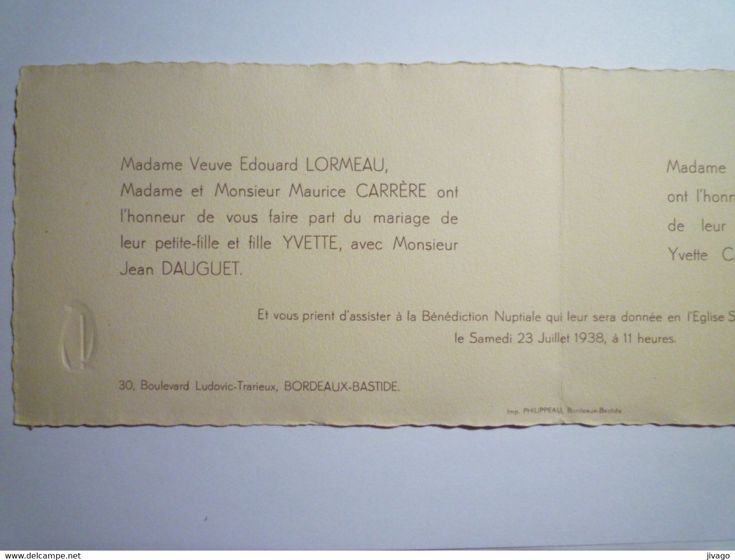 2021 - 4165  FAIRE-PART De MARIAGE De Jean DAUGUET Et Yvette CARRERE  1938  BORDEAUX-BASTIDE     XXX - Hochzeit