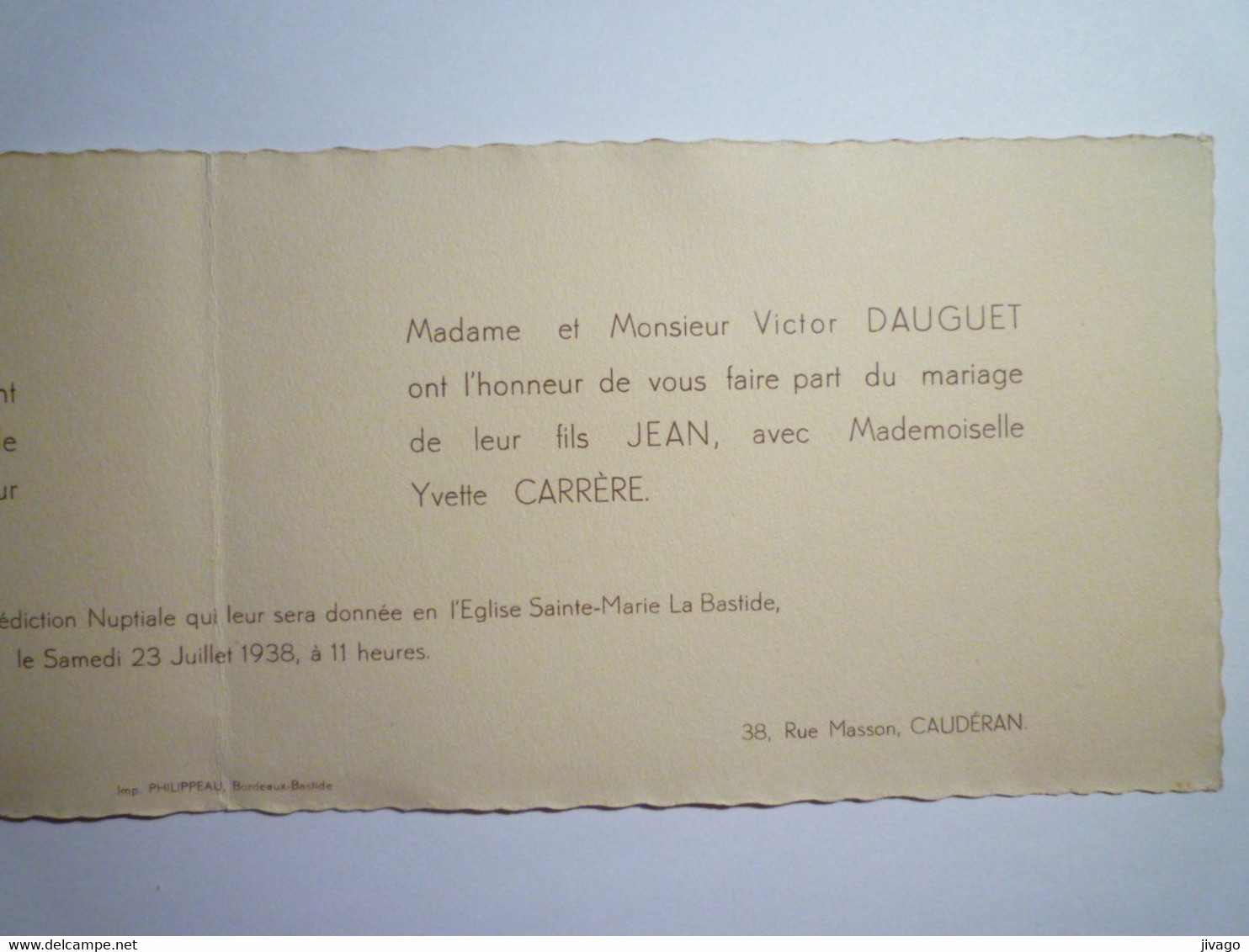 2021 - 4165  FAIRE-PART De MARIAGE De Jean DAUGUET Et Yvette CARRERE  1938  BORDEAUX-BASTIDE     XXX - Hochzeit