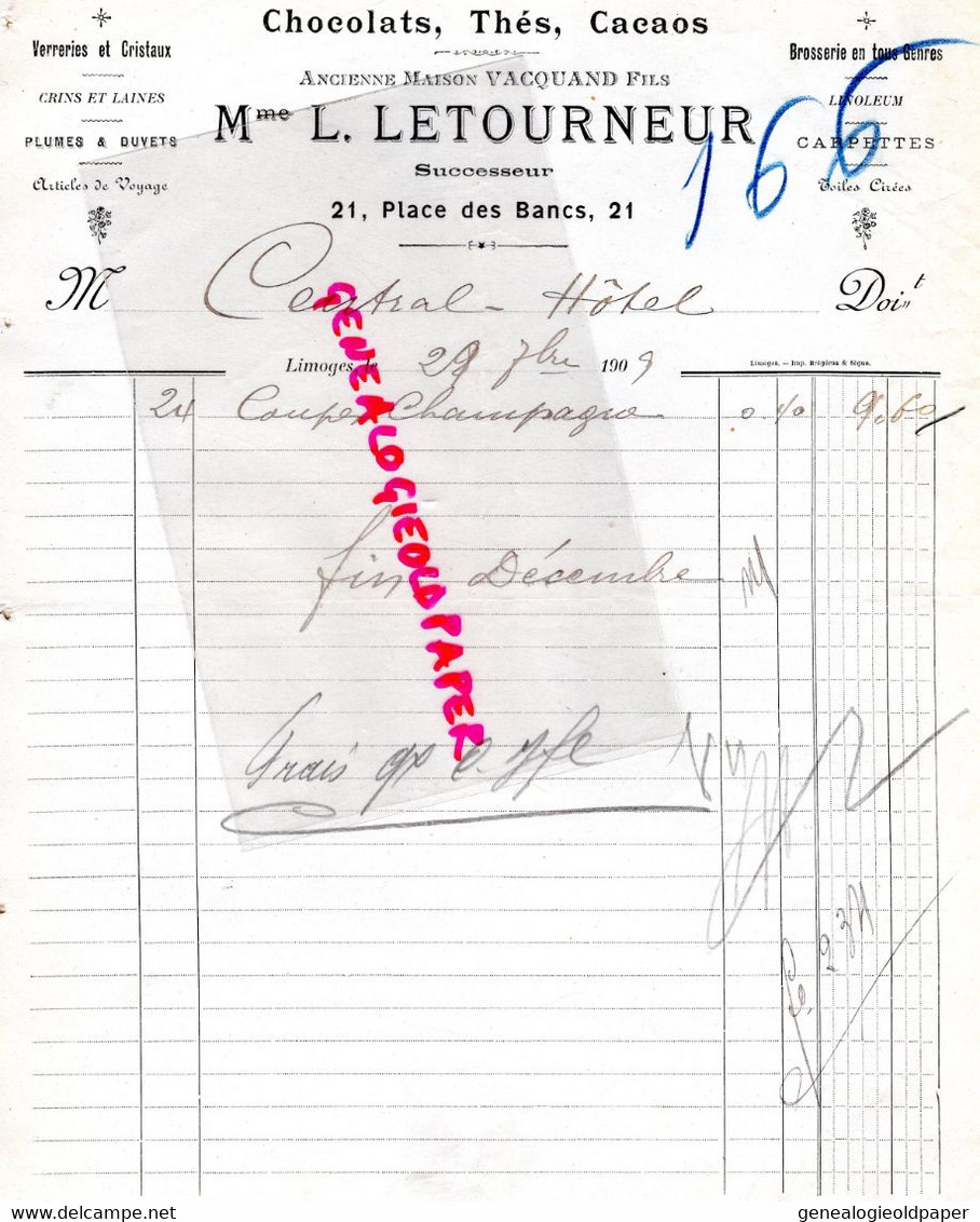87- LIMOGES- FACTURE L. LETOURNEUR- VACQUAND FILS-21 PLACE DES BANCS-CHOCOLAT-THE-CACAO-1909 - Petits Métiers