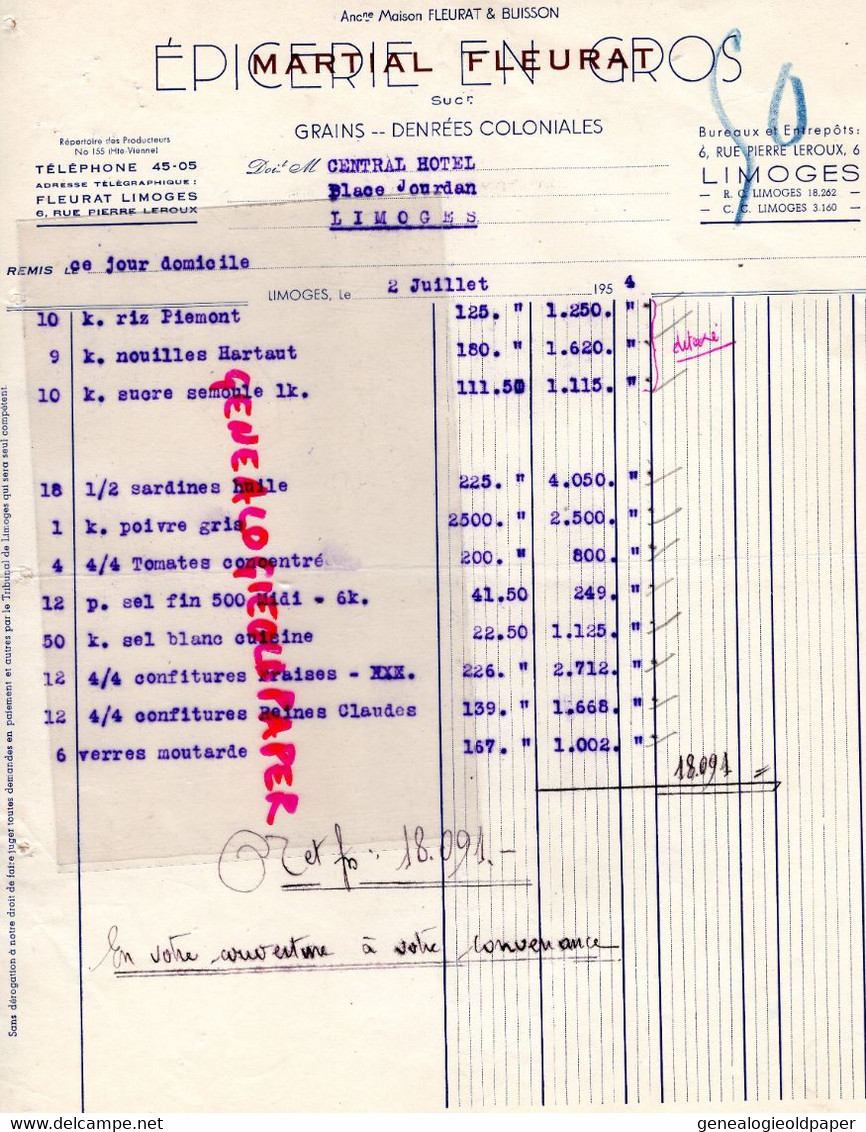 87- LIMOGES- FACTURE EPICERIE MARTIAL FLEURAT- BUISSON- 6 RUE PIERRE LEROUX-1954 - Ambachten