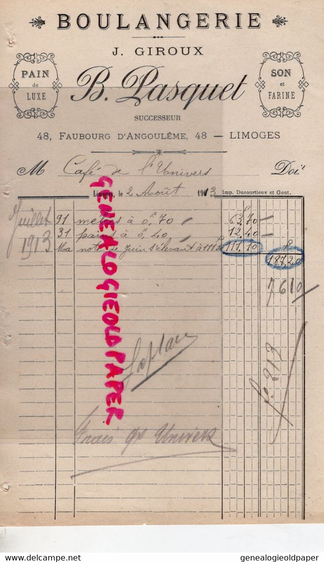 87- LIMOGES- FACTURE BOULANGERIE J. GIROUX- B. PASQUET-48 FAUBOURG ANGOULEME-BOULANGER-1913 - Petits Métiers