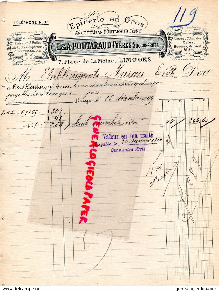 87- LIMOGES- RARE FACTURE L. & A JEAN POUTARAUD- EPICERIE -7 PLACE DE LA MOTHE- 1909 - Straßenhandel Und Kleingewerbe