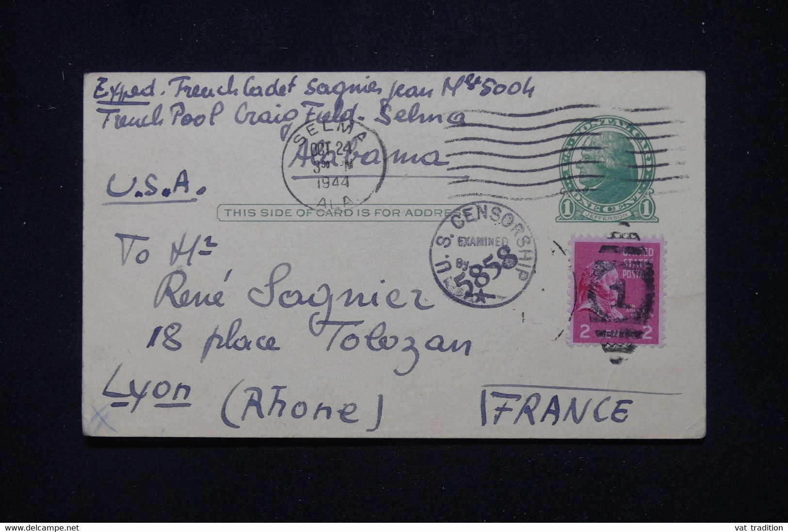 ETATS UNIS - Entier Postal + Complément De Selma Pour La France En 1944 Avec Contrôle Postal - L 111351 - 1941-60