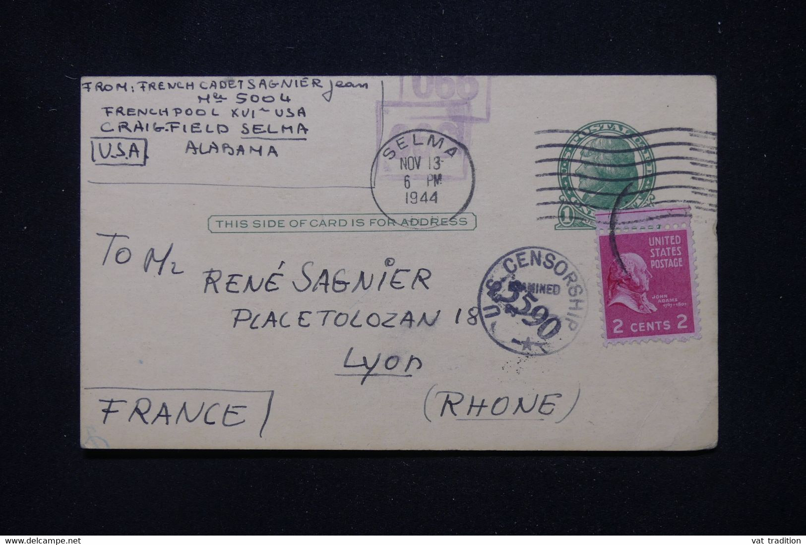 ETATS UNIS - Entier Postal + Complément De Selma Pour La France En 1944 Avec Contrôle Postal - L 111352 - 1941-60