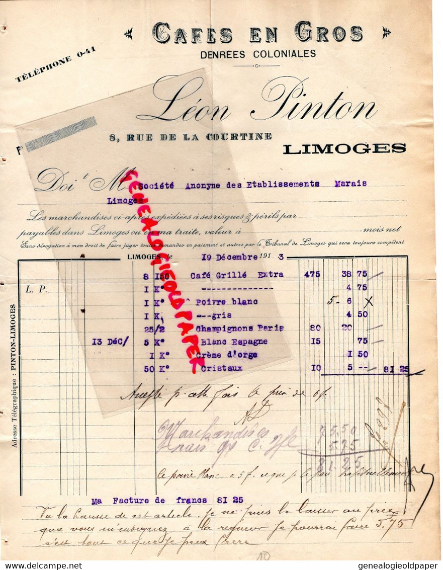 87- LIMOGES-RARE FACTURE L. PINTON & H. BOUCHERON-CAFES EN GROS-DENREES COLONIALES-6 COURS GAY LUSSAC-1913 - Alimentaire