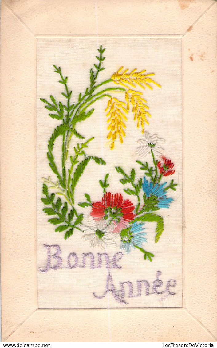 Carte Brodée -  Bonne Année - Fleurs Et Epi De Blé - Brodées