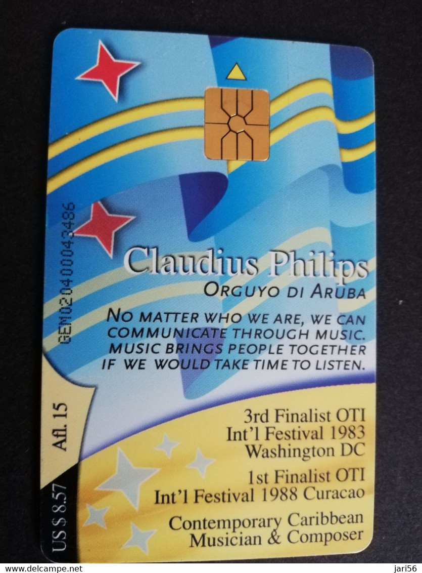 ARUBA CHIP  CARD   AFL 15,- CULTURA Y DEPORTE  CLAUDIUS PHILIPS     Fine Used Card  **6595** - Aruba