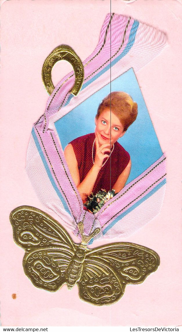 Carte Papillon Doré - Femme - Fer à Cheval Porte Bonheur - Heureuse Fete De St Nicolas - Papillons
