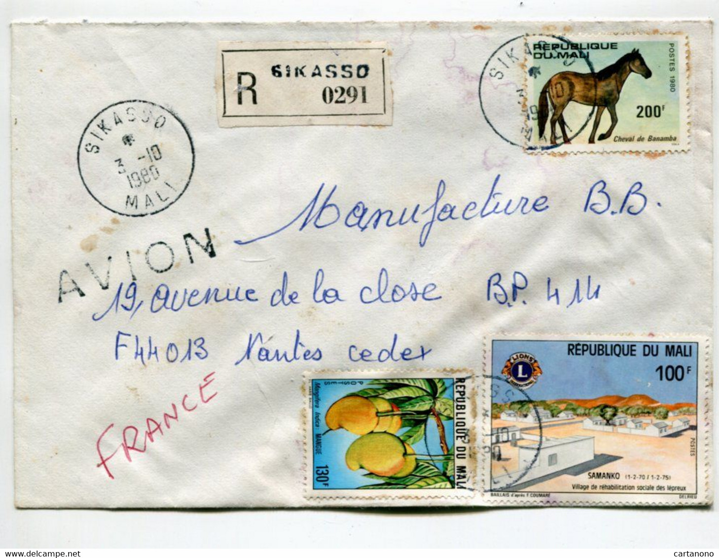 MALI Sikasso 1980 - Affranchissement Sur Lettre Recommandée - Cheval Lion's Club Fruit - Mali (1959-...)