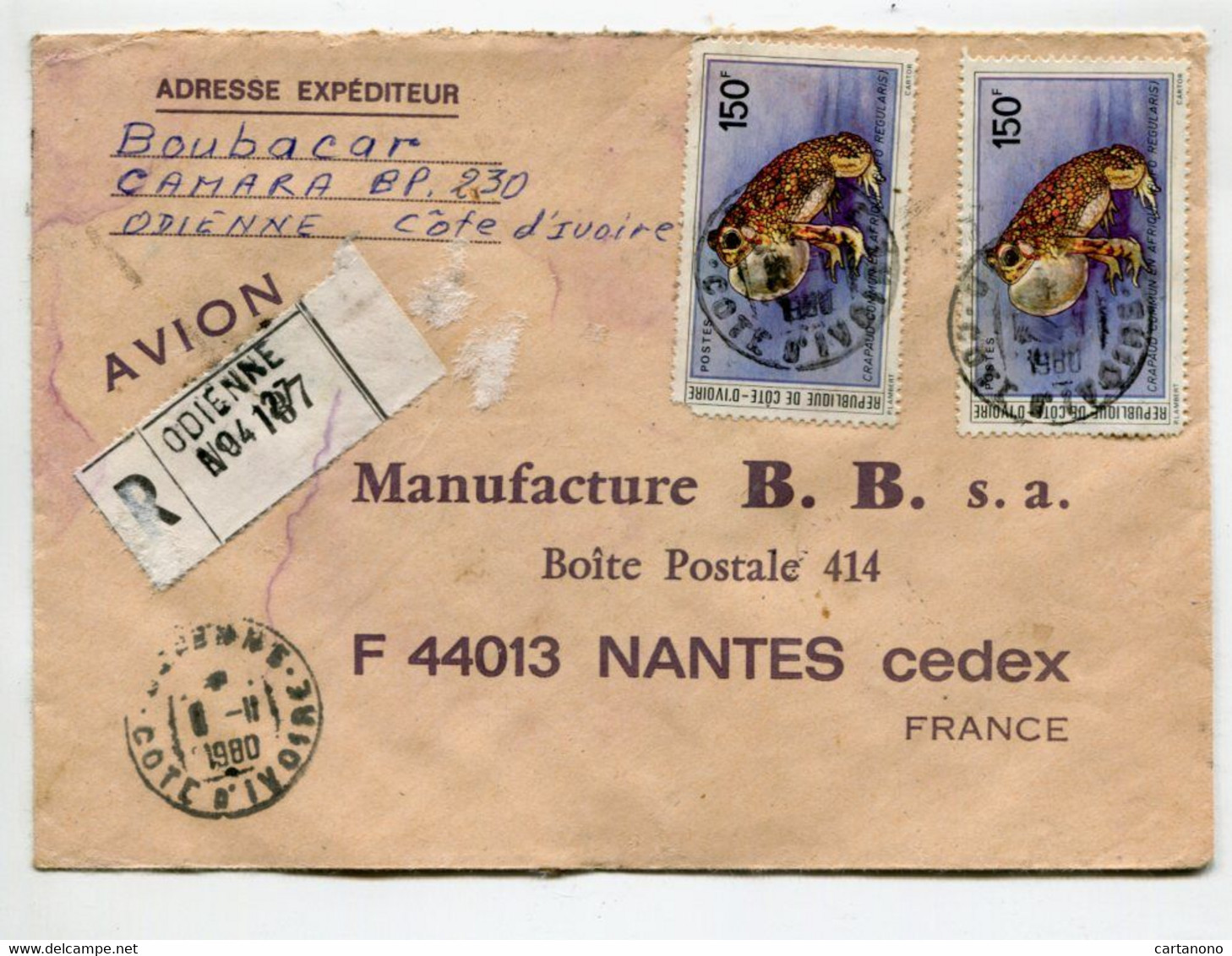 COTE D'IVOIRE 1980 - Affranchissement Sur Lettre Recommandée - Grenouille - Grenouilles