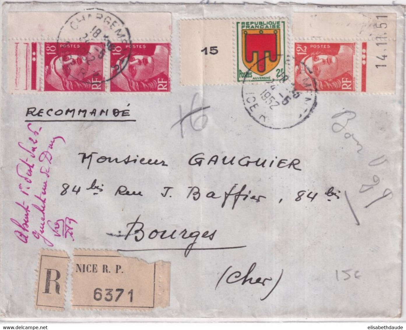 1952 - YVERT N°887 GANDON  + 885 (COIN DATE) + ARMOIRIE Sur ENVELOPPE RECOMMANDEE De NICE => BOURGES - 1945-54 Marianna Di Gandon