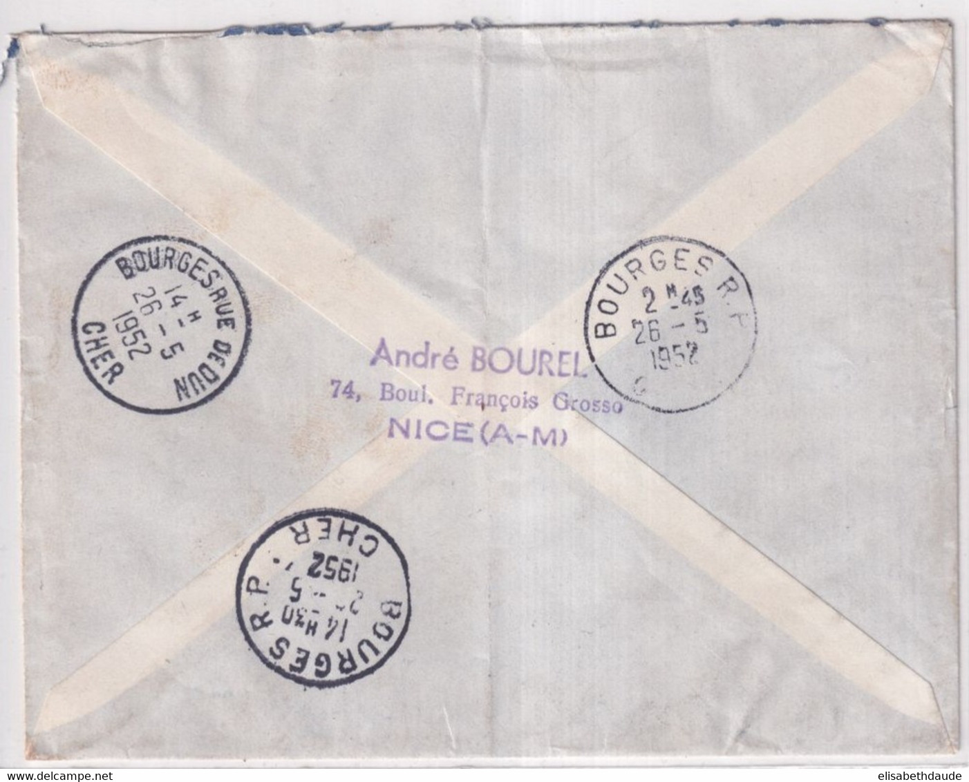 1952 - YVERT N°887 GANDON  + 885 (COIN DATE) + ARMOIRIE Sur ENVELOPPE RECOMMANDEE De NICE => BOURGES - 1945-54 Marianne Of Gandon