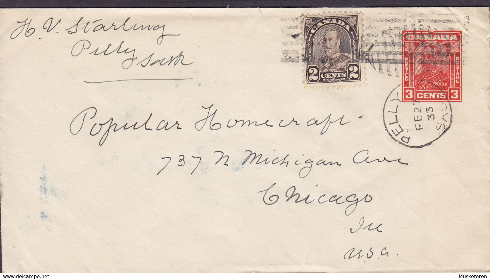 Canada Uprated Postal Stationery Ganzsache Entier 3c. GV. PELLY Sask. 1933 CHICAGO United States - 1903-1954 Könige