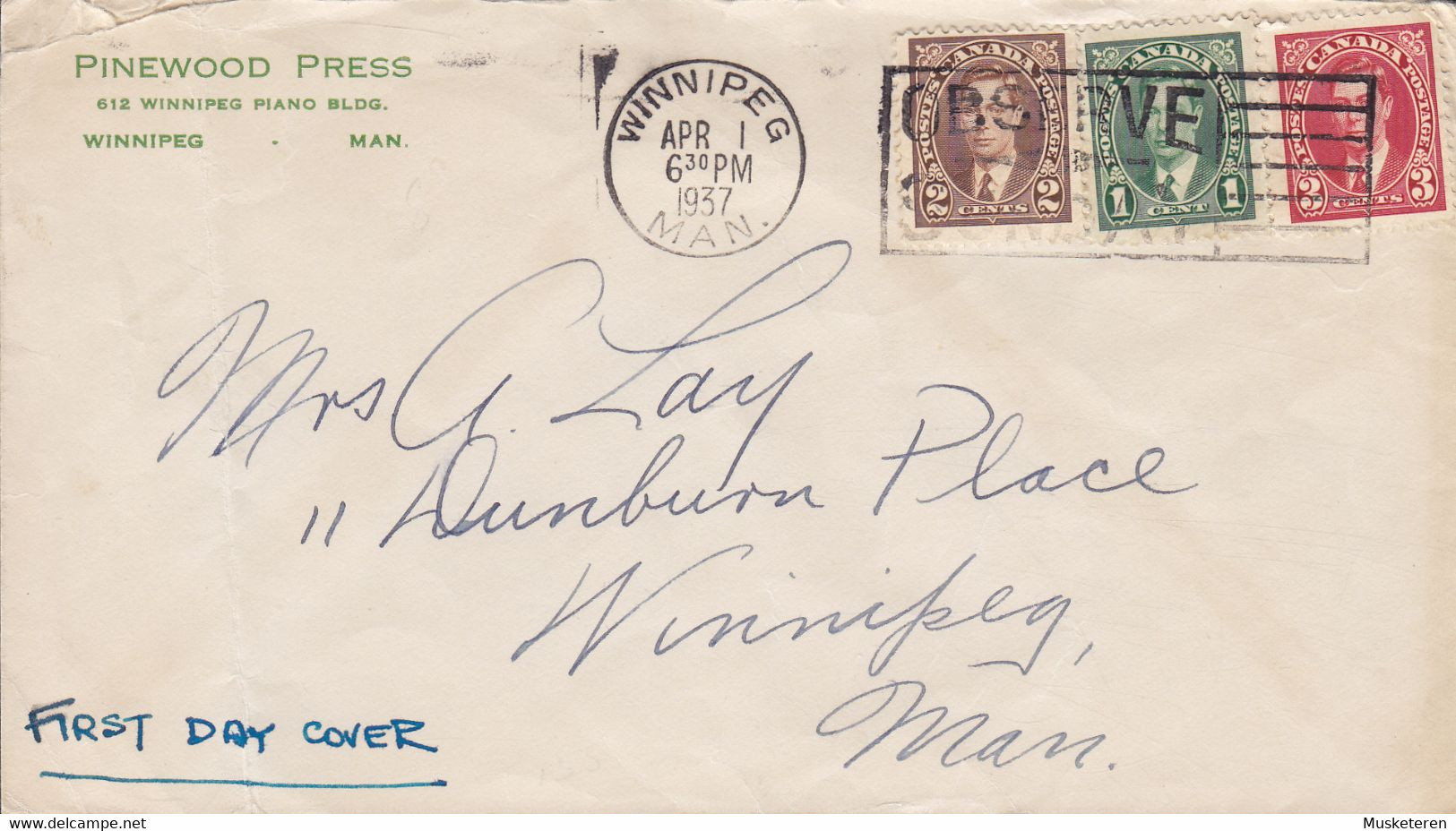 Canada PINEWOOD PRESS Slogan Flamme WINNIPEG Man. Unofficial 1937 FDC Cover Premier Jour Lettre GVI. - ....-1951