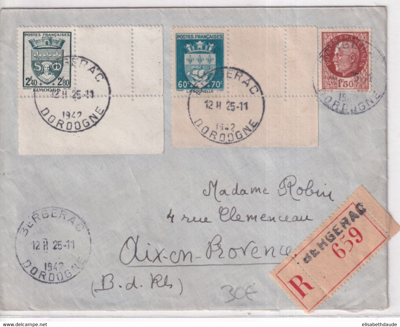 1942 - ARMOIRIES SURTAXES ! YVERT N°560+554 + PETAIN Sur ENVELOPPE RECOMMANDEE De BERGERAC (DORDOGNE) - Lettres & Documents