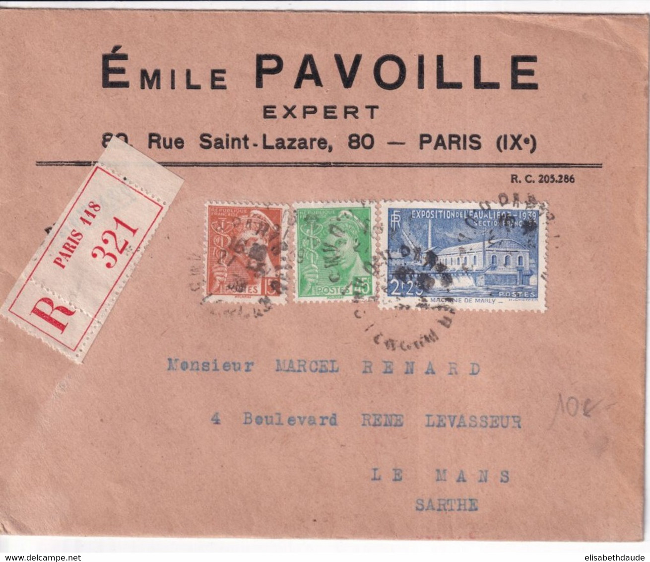 1939 - YVERT N°430 + MERCURE Sur ENVELOPPE RECOMMANDEE De PARIS - 1938-42 Mercurius