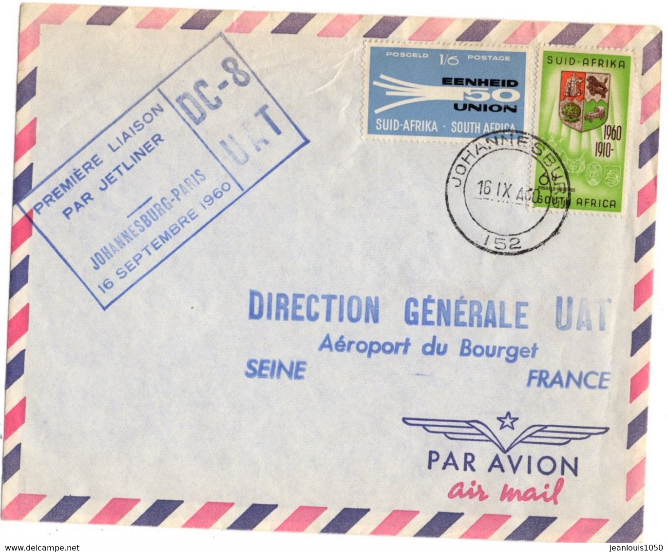 AFRIQUE DU SUD LETTRE OBLITEREE EN POSTE AERIENNE PREMIER VOL EN JETLINER UAT 10 9 1960 JOHANNESBOUG PARIS - Luftpost