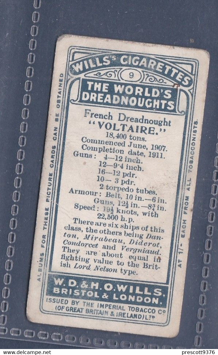 The Worlds Dreadnoughts 1910 - 9 "Voltaire" France  -  Wills Cigarette Card - Original  - Antique - Military - Ships - Wills