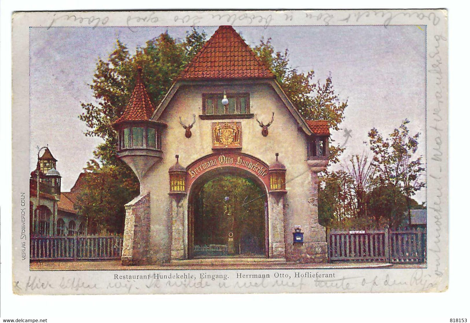 Restaurant Hundekehle, Eingang.  Hermann Otto , Hoflieferant  1907 - Grunewald