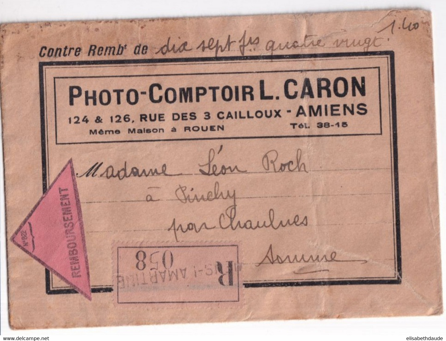 1940 - AFFRANCHISSEMENT IRIS + MERCURE Au DOS ENVELOPPE "PHOTO" RECOMMANDEE REMBOURSEMENT De AMIENS (SOMME) - Storia Postale