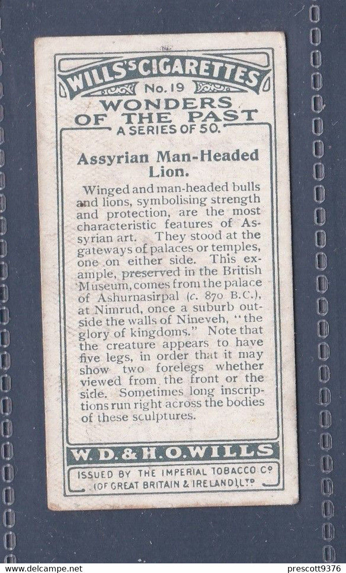 Wonders Of The Past 1926 - 19 Assyrian Man Headed Lion -  Wills Cigarette Card - Original  - - Wills