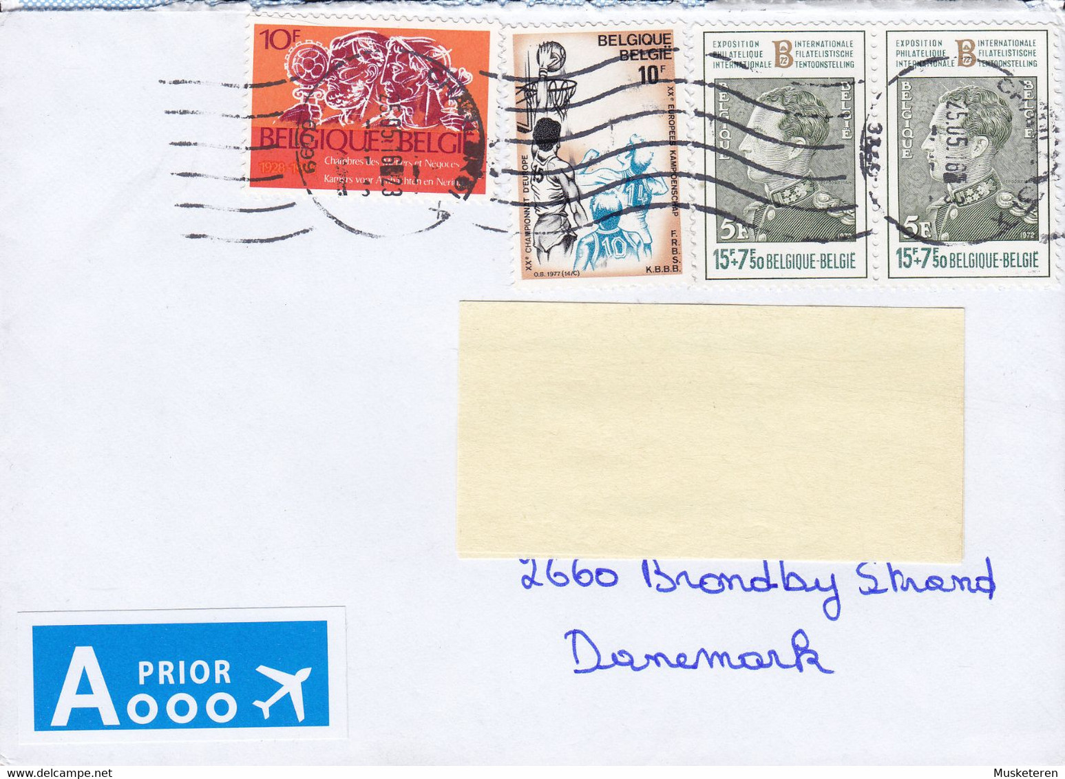 Belgium A PRIOR Label CHARLEROI 2016 Cover Lettre BRØNDBY STRAND Denmark Basketball Stamp On Stamp - Cartas & Documentos